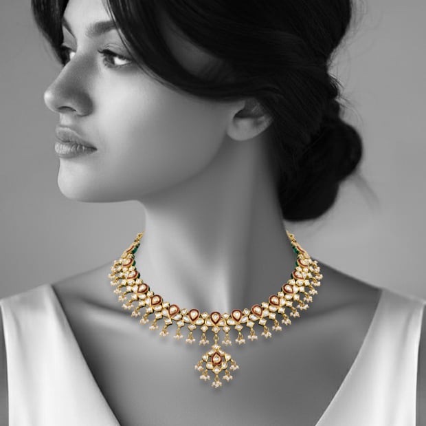 Polki Necklace with Red Enamel and Pearl Bead Clusters